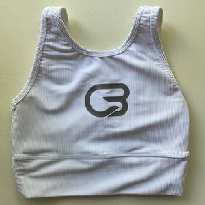 Cyclebar white with silver metallic logo bra